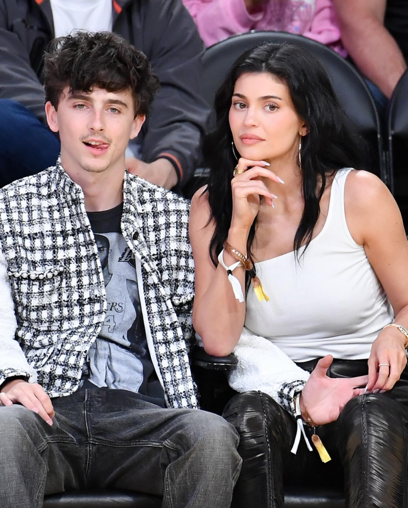 Timothee Chalamet and Kylie Jenner at a game