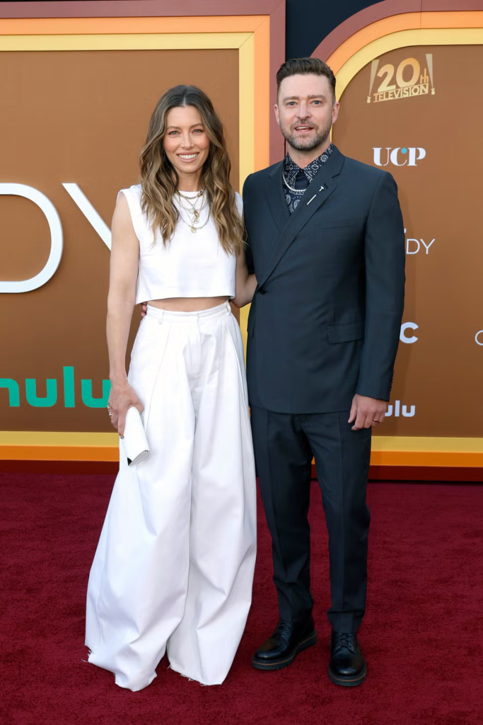Jessica Biel and Justin Timberlake are pictured together at the Los Angeles premiere for her Hulu series "Candy"