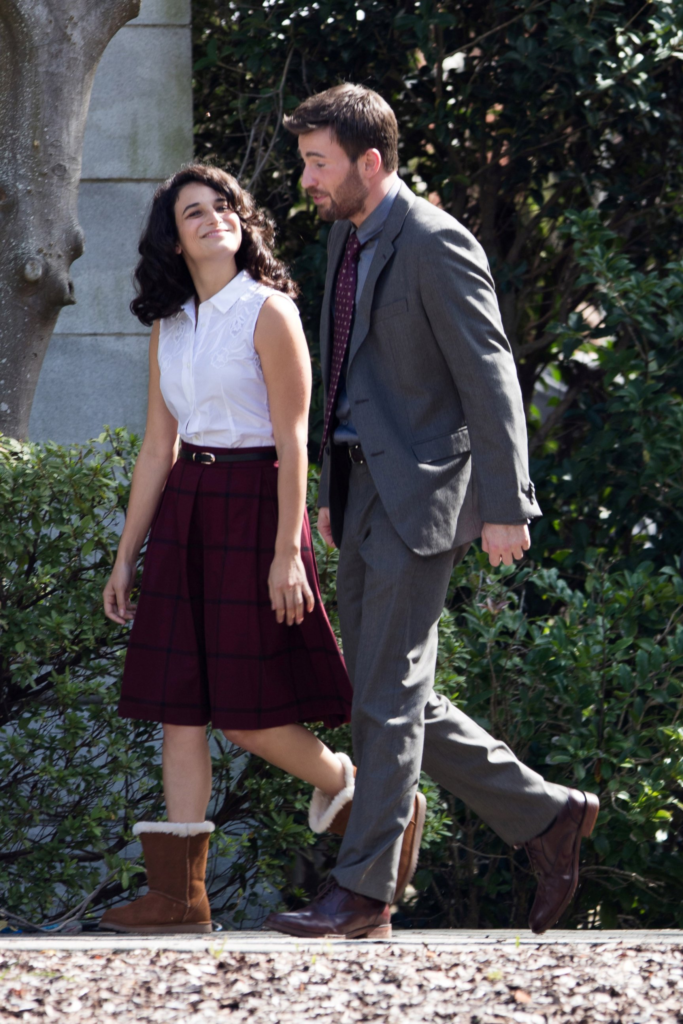 Chris Evans and Jenny Slate walking 